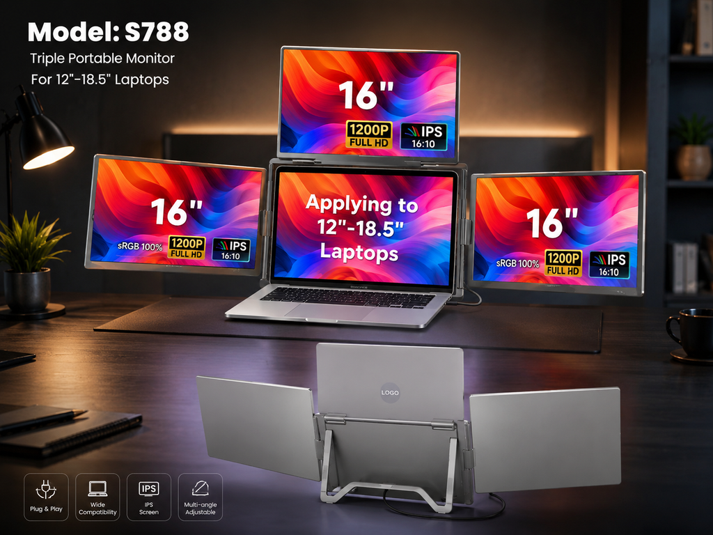 Portable Triple-Screen Laptop Monitor