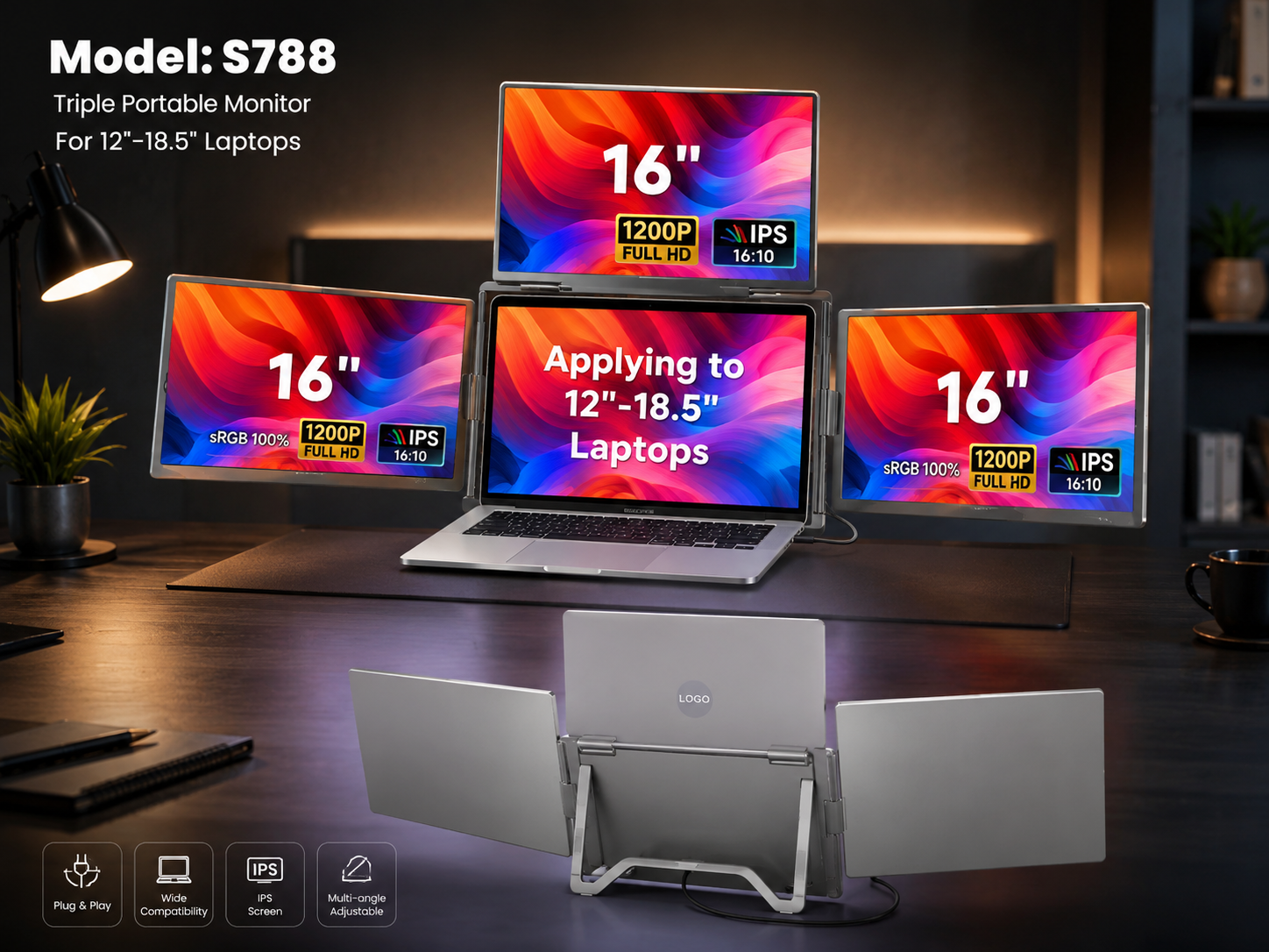 Laptop Portable Triple-screen Display Monitor